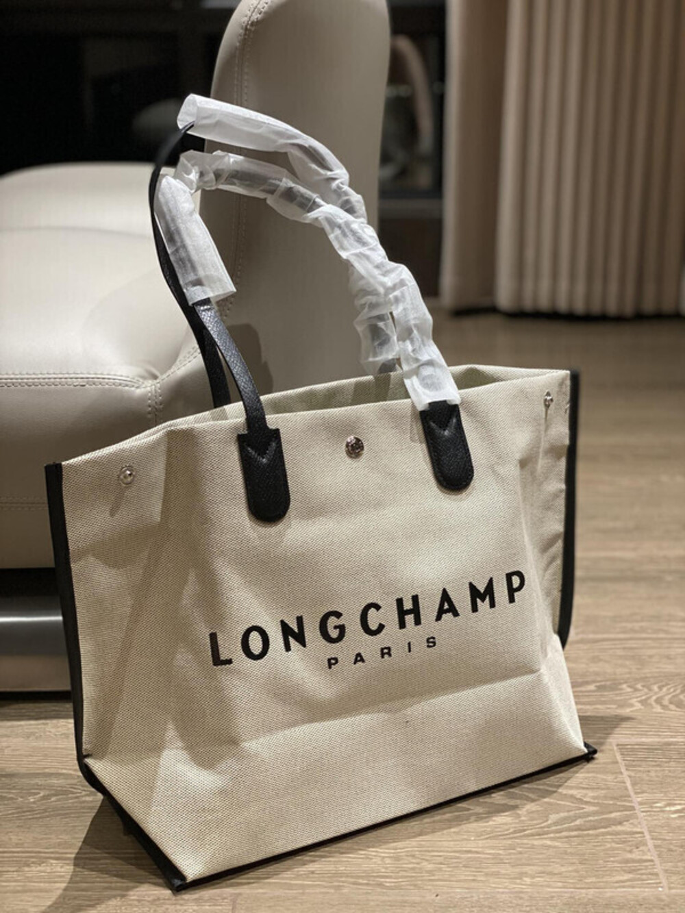 Longchamp Paris Canvas Tote Bag Beige Black Trim Large Shoulder Shopper